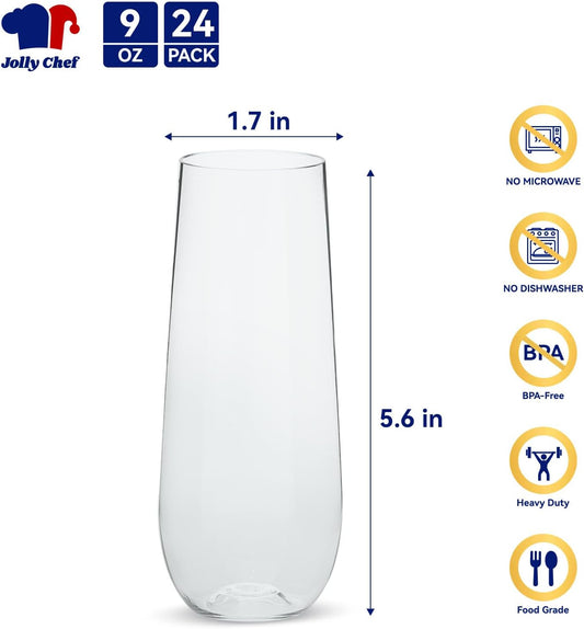 JOLLY CHEF 48 Pack Stemless Plastic Champagne Flutes 9 oz, Crystal Clear Stemless Plastic Toasting Glasses, Clear Disposable Unbreakable Drinkware Ideal for Wedding, Birthday, Party, Thanksgiving