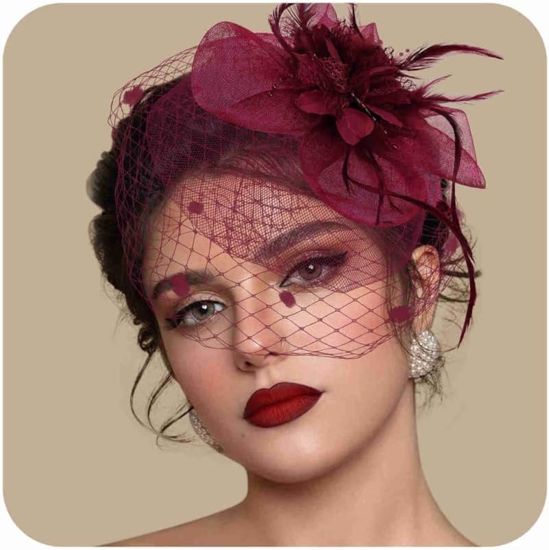 Fascinators Hats for Women Tea Party Hat Feather Mesh Headband Vintage Lace Cocktail Headwear Veil Hair Clip Church
