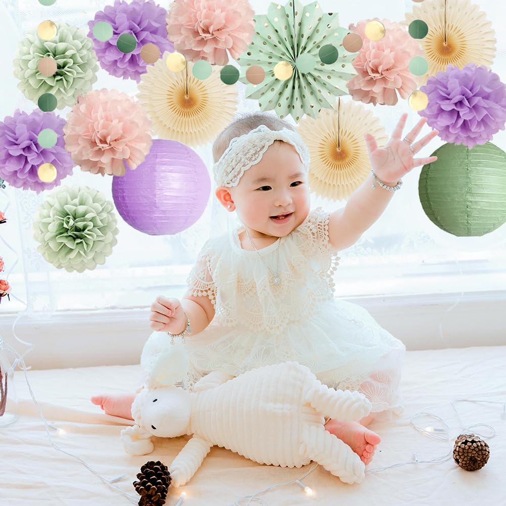 Sage Green and Purple Party Decorations Baby Shower Girl Decorations Sage Green Purple Pink Birthday Party Light Purple Blush Pink Tissue Paper Pom Poms Beige Fans Kit for Wedding Engagement