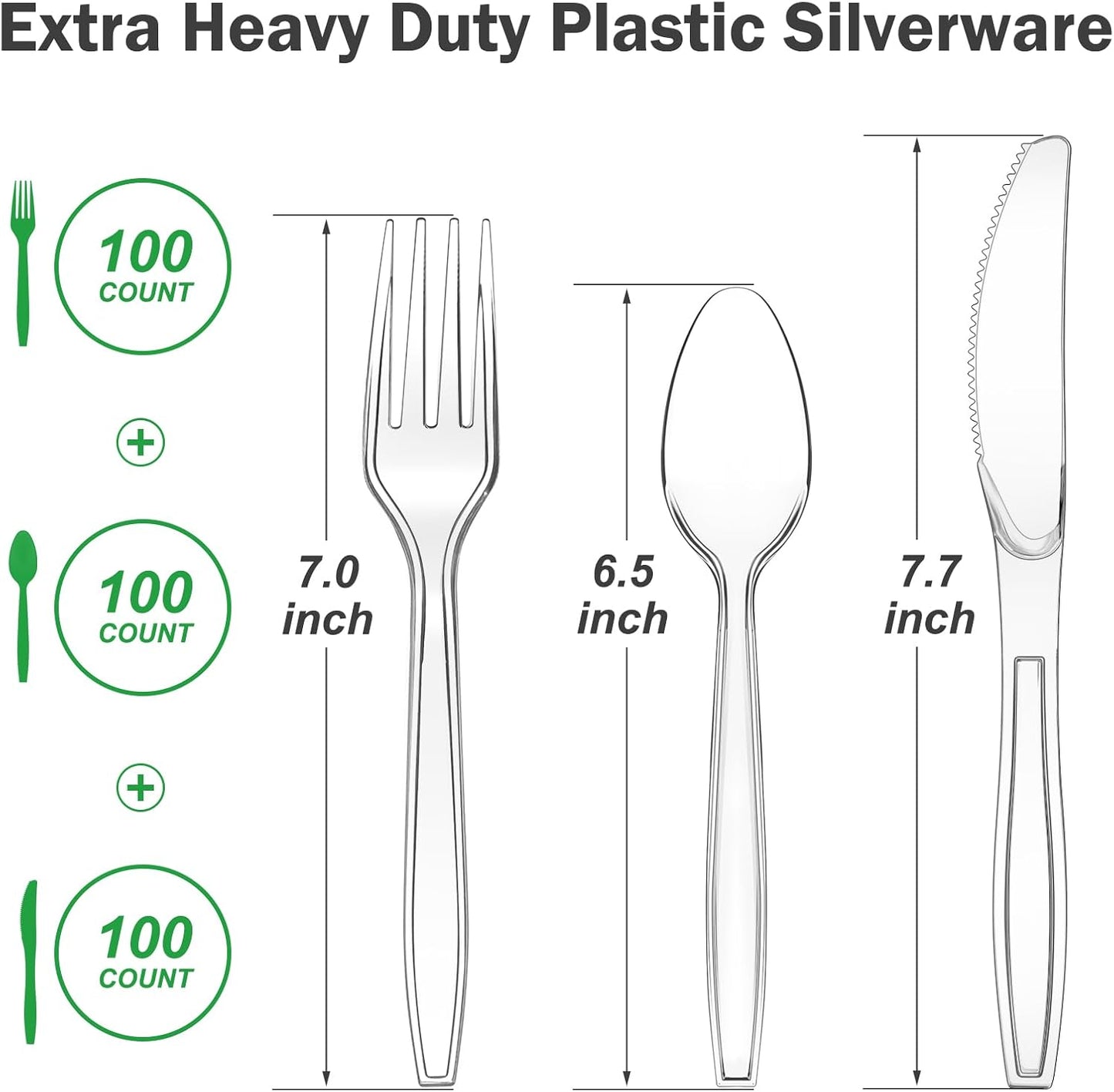 Dealusy 300 Count Extra Heavy Duty Clear Plastic Silverware, 100 Forks, 100 Spoons, 100 Knives, BPA-Free, Heat Resistant, Disposable Plastic Utensils Set, Plastic Cutlery Set, Plasticware Bulk