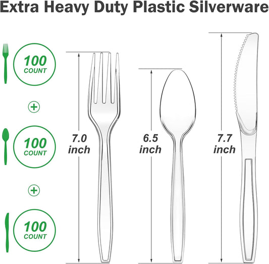 Dealusy 300 Count Extra Heavy Duty Clear Plastic Silverware, 100 Forks, 100 Spoons, 100 Knives, BPA-Free, Heat Resistant, Disposable Plastic Utensils Set, Plastic Cutlery Set, Plasticware Bulk