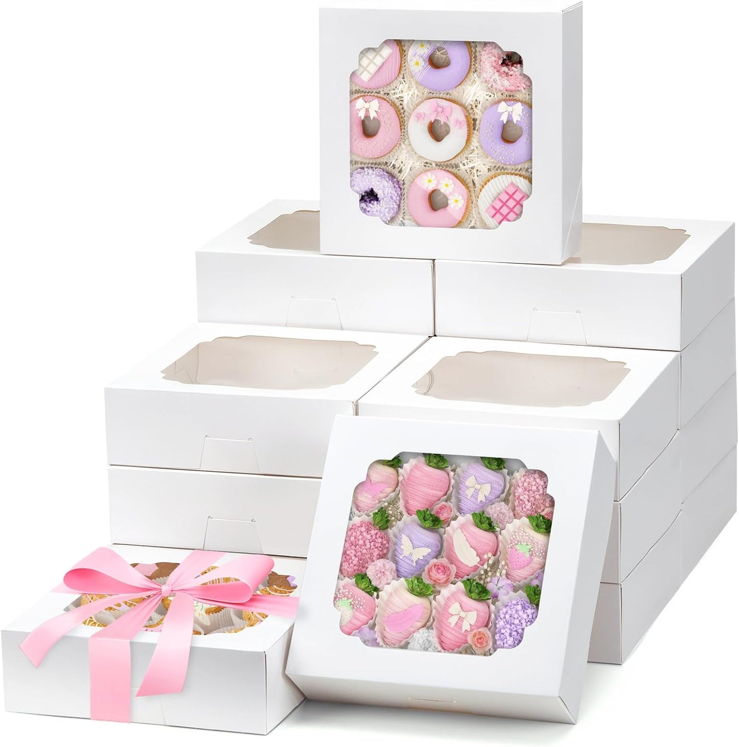 Moretoes 30pcs Bakery Boxes, 8x8x2.5 Cookie Boxes with Window, White Treat Containers for Donuts, Chocolate Strawberries, Pie, Birthday Party, Mother's Day, Weddings