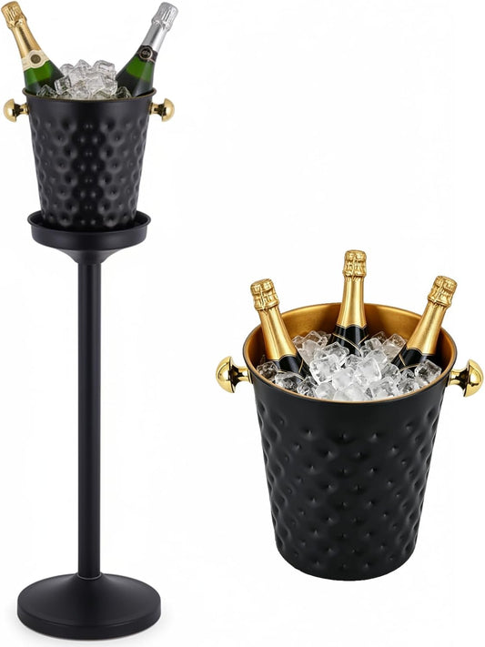JIAWANSHUN Stainless Steel Champagne Ice Bucket with Stand, 32in Height Black Gold Wine Chiller, 15LB Heavy Duty Ice Bucket with Handle for Party, Bar, Club, Wedding & Commercial Use