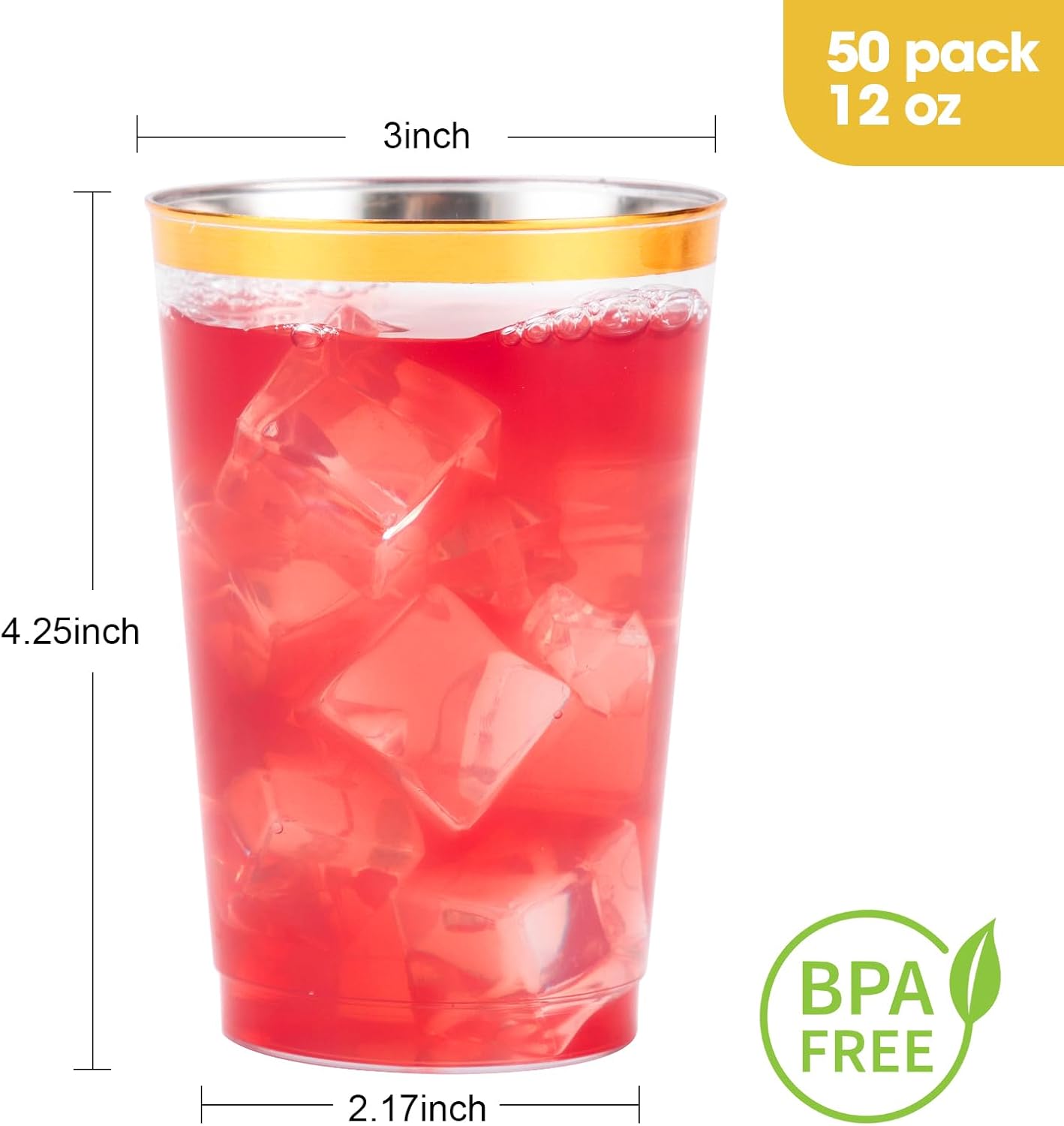 Goodluck 100PCS 9oz Gold Plastic Cups for Party, Disposable Gold Rim Cups, Plastic Cocktail Glasses for Wedding Thanksgiving, Christmas, and Parties