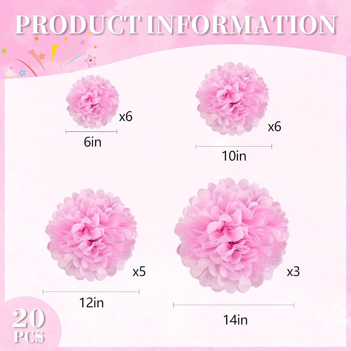 20 PCS Orange Tissue Paper Pom Poms, Tissue Pom Poms Flowers, Sizes of 6", 10", 12", 14" Hanging Paper Flower Ball for Wedding, Birthday, Halloween, Christmas, Baby Shower Party Decor