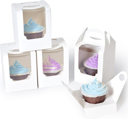 Cupcake Boxes 50 pcs, Individual Cupcake Containers Brown with Window Insert and Handle, Pastry Box Single Muffins Holder Disposable for Bakery Wrapping Party Favor Packaging