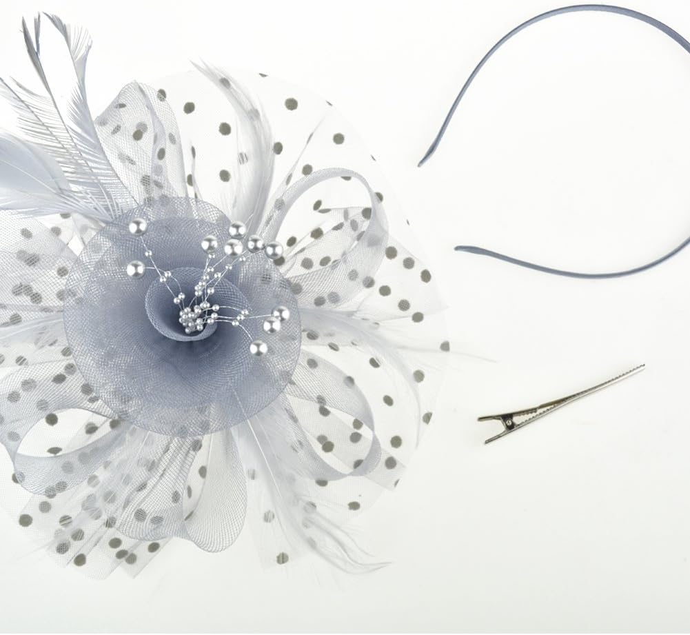 DRESHOW Fascinators Hat Flower Mesh Ribbons Feathers on a Headband and a Clip Tea Party Headwear for Girls and Women - Colors A