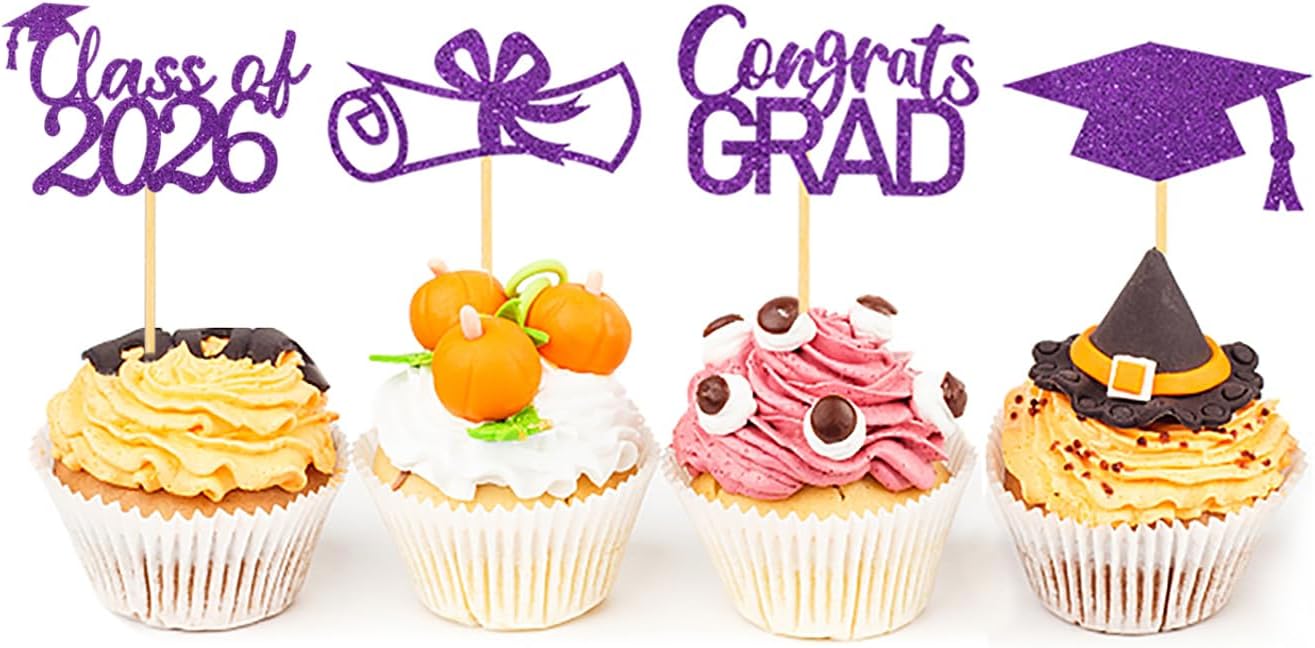 2026 Graduation Theme Cupcake Toppers Glitter Class of 2026 Graduation Cap Diploma Cupcake Picks - Set of 24 (Gold)