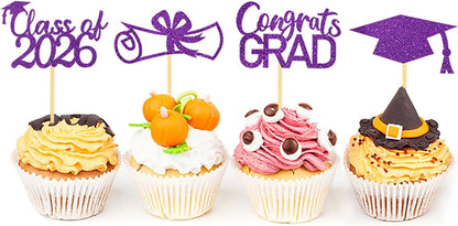 2026 Graduation Theme Cupcake Toppers Glitter Class of 2026 Graduation Cap Diploma Cupcake Picks - Set of 24 (Gold)