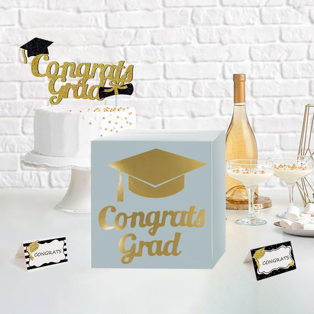Graduation Card Box Holder, Congrats Grad Foldable Cardboard Decorations Box for Graduation Party Decoration and Grad Parties (Black)
