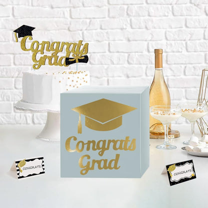 Graduation Card Box Holder, Congrats Grad Foldable Cardboard Decorations Box for Graduation Party Decoration and Grad Parties (Black)