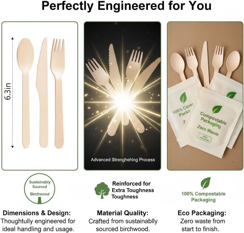 100% Compostable Cutlery Set - 150 Pieces Wooden Compostable Utensils [50 Forks, Knives, Spoons] - Disposable Wooden Cutlery, Eco Friendly Forks & Spoons Set Party Utensils