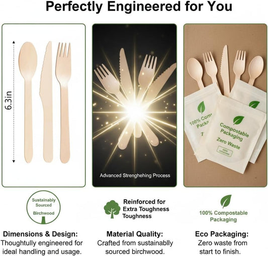100% Compostable Cutlery Set - 150 Pieces Wooden Compostable Utensils [50 Forks, Knives, Spoons] - Disposable Wooden Cutlery, Eco Friendly Forks & Spoons Set Party Utensils