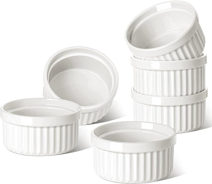 LE TAUCI Ramekins 4 OZ Oven Safe, Creme Brulee Ramekins, Pudding Custard Cups Souffle Ramiken, Dipping Sauce Dishes, Ceramic Ramekin Bowls Set of 6, White