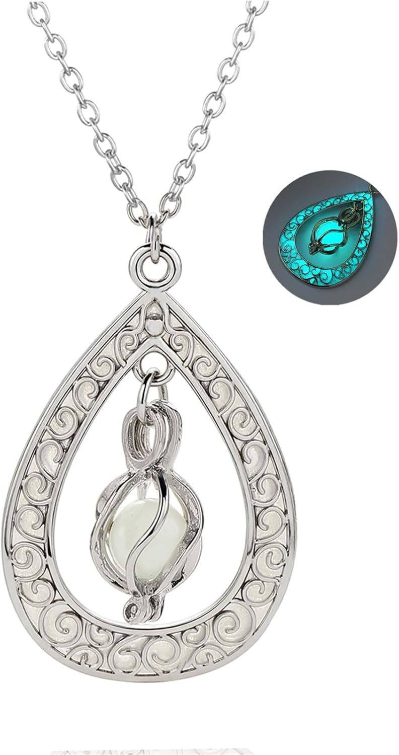EEQQBZ Glow in The Dark Silver Teardrop shape necklace,Fantasy Glowing Jewelry Charm