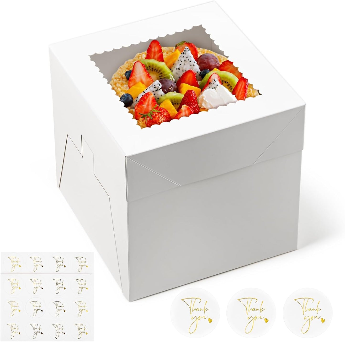 ZORRITA 4 Pack Cake Boxes, 8 x 8 x 8 Inches Tall Bakery Box with Window and Stickers, Disposable Cake Containers for Wedding, Birthday, Party