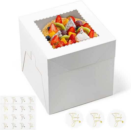 ZORRITA 4 Pack Cake Boxes, 8 x 8 x 8 Inches Tall Bakery Box with Window and Stickers, Disposable Cake Containers for Wedding, Birthday, Party