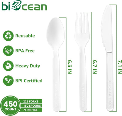 450 Counts Compostable Forks Spoons Knives Set Disposable Forks Utensils Heavy Duty Silverware Eco Friendly Flatware for Party Camping Picnics White forks spoons and knives set