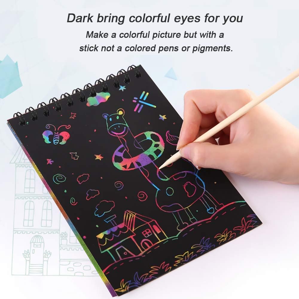 POKONBOY 16 Pack Scratch Arts and Crafts Notebooks, Scratch Note Pads for Kids Rainbow Party Favors Coloring Books for Kids Art Party Supplies Stocking Stuffers（16 Wooden Stylus & 4 Drawing Stencils）