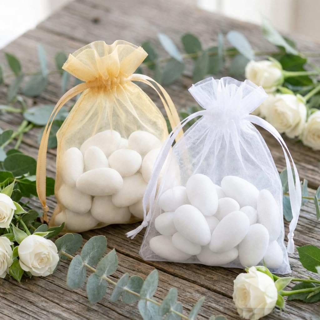 Hopttreely 100PCS Premium Sheer Organza Bags, White Wedding Favor Bags with Drawstring, 4x4.72 Jewelry Gift Bags for Party, Jewelry, Christmas, Mother's Day, Festival, Bathroom Soaps, Makeup Organza Favor Bags