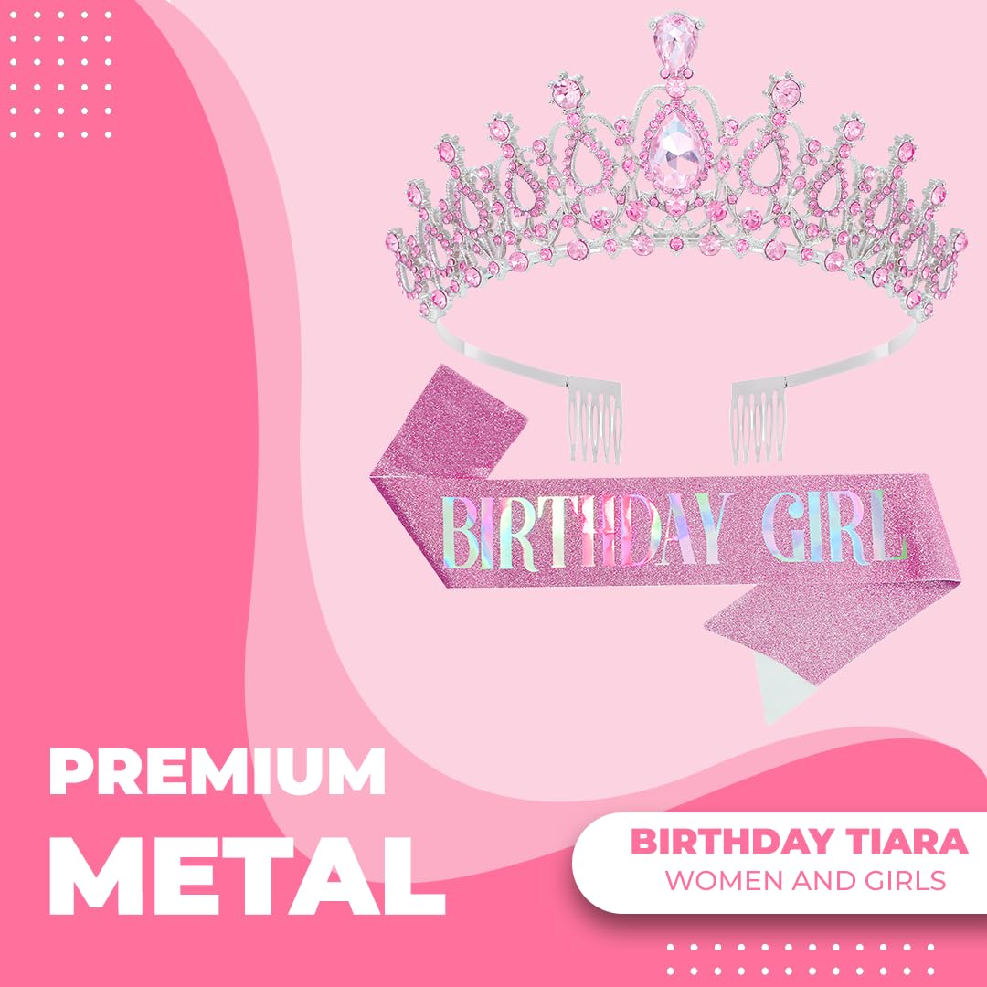 Birthday Tiara Crown with Sash for Women, Headband Hair Accessories for Wedding Party Costume