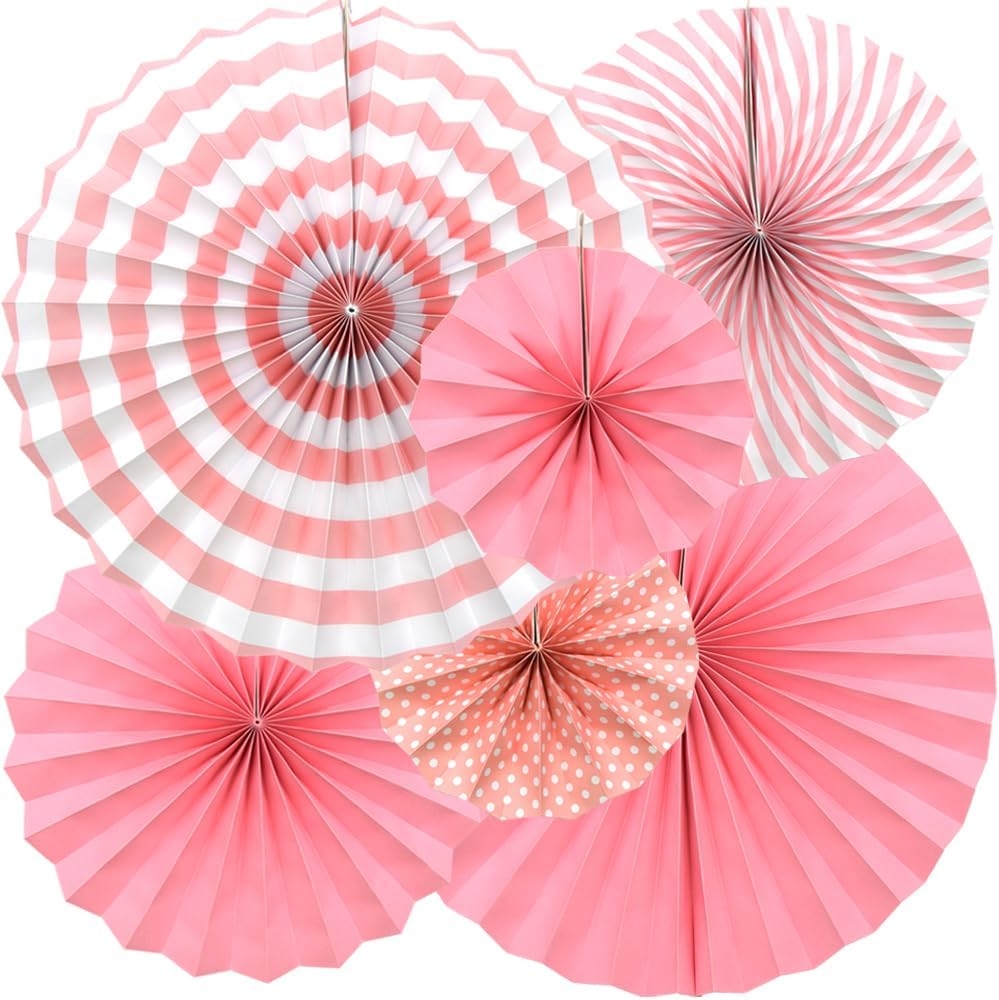 Hocansen 6PCS Paper Fan Garland Paper Fans Party Decorations 8/12/16in Hanging Papers Fans Set Round Papers Fans Pattern Garland for Birthday, Wedding (ZS/Pink)