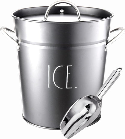 Rae Dunn Ice Bucket with Scoop - Stainless Steel Bucket with Handle, Lid and Ice Scooper - 4 Qt. Storage Bin for Ice Cubes for Bars, Parties, Backyard Barbeques, Picnics, and Camping (Sage)