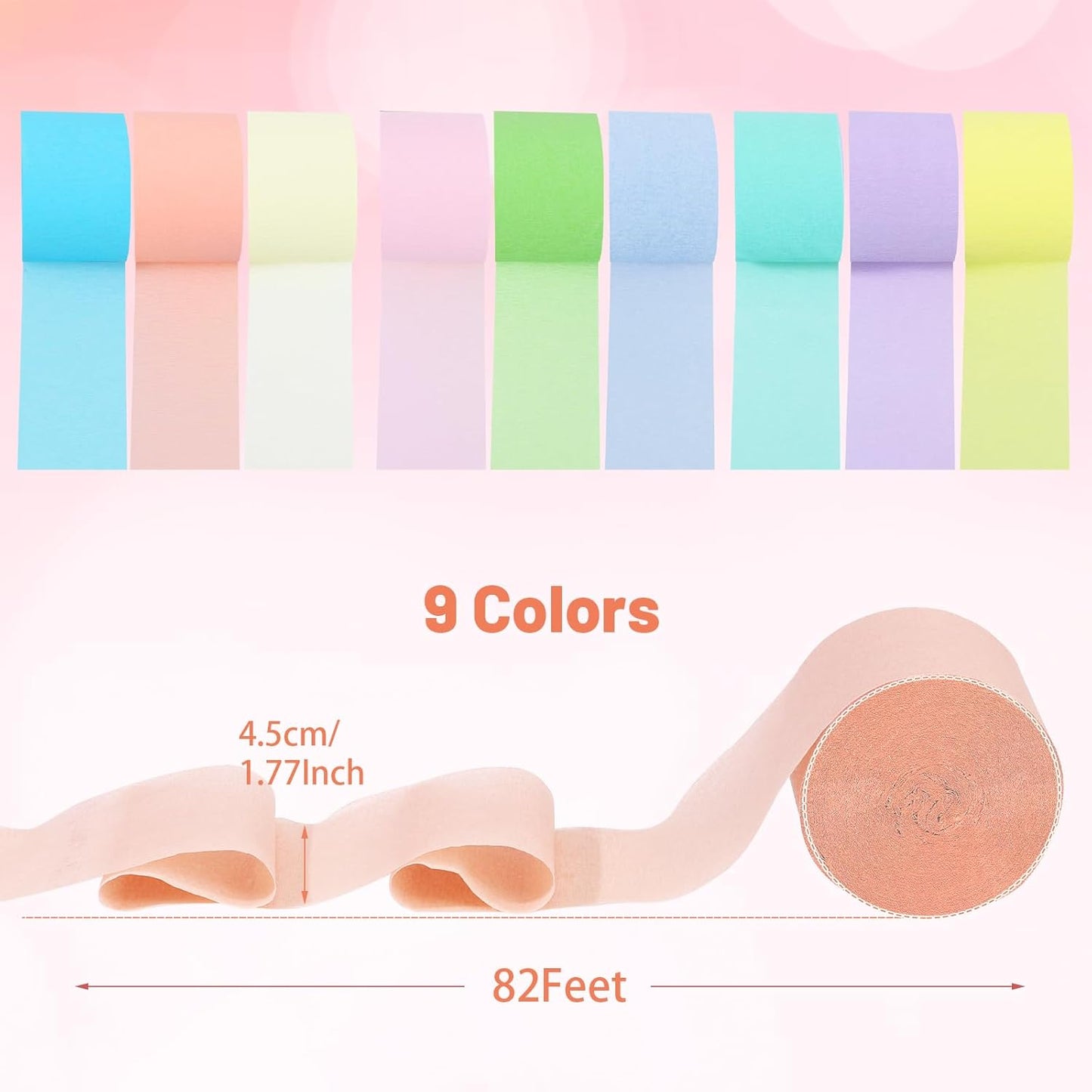Pastel Crepe Paper Streamers 9 Rolls 738ft,Fancy Streamers Party Decorations for Birthday Mother's Day Wedding Holiday Decorations DIY Gift Wrapping, 1.77 Inch x 82 Ft/Roll