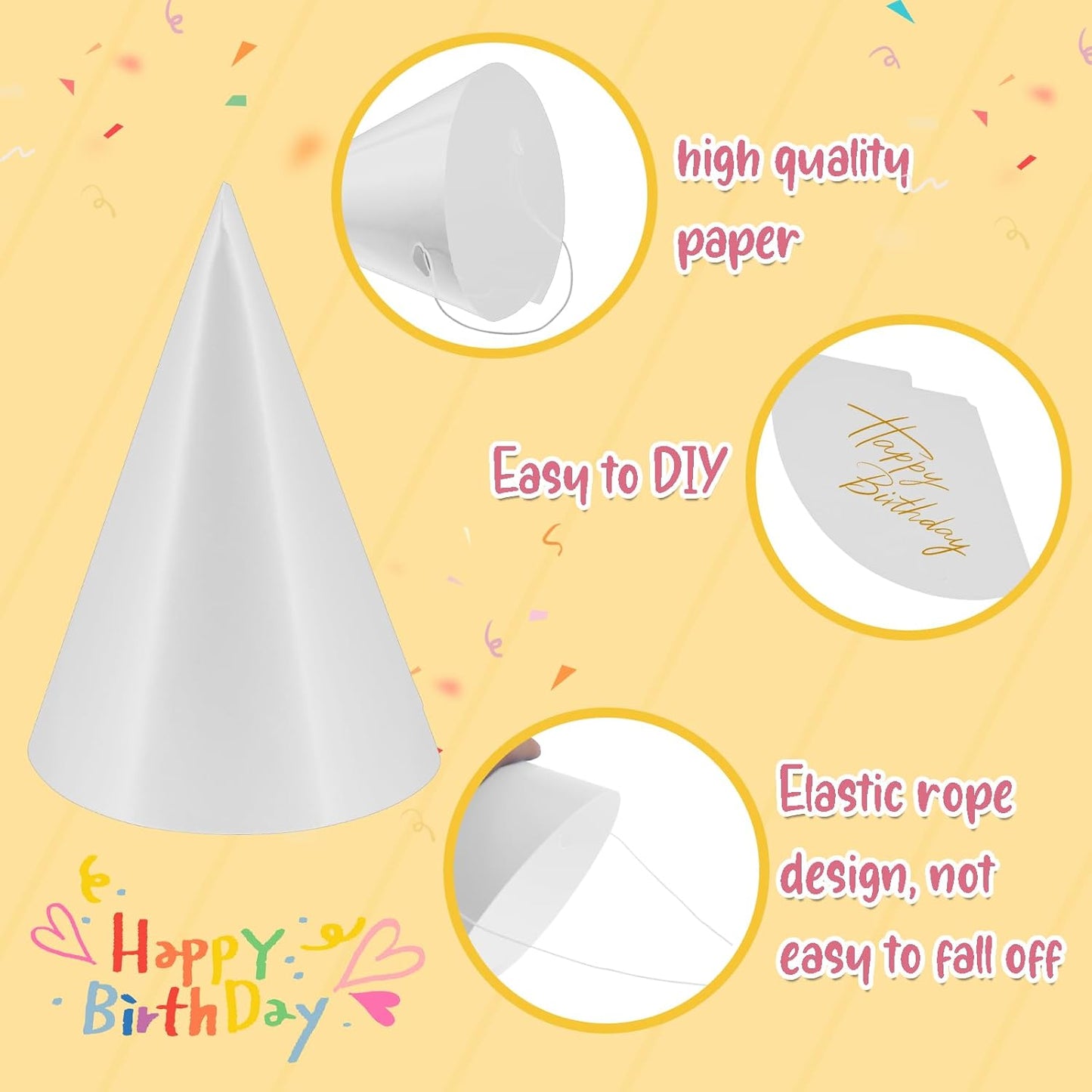 24 PCS Party Cone Hats DIY Birthday Paper Cone Hats for Kids and Adults Birthday, Baby Shower, Bridal Shower