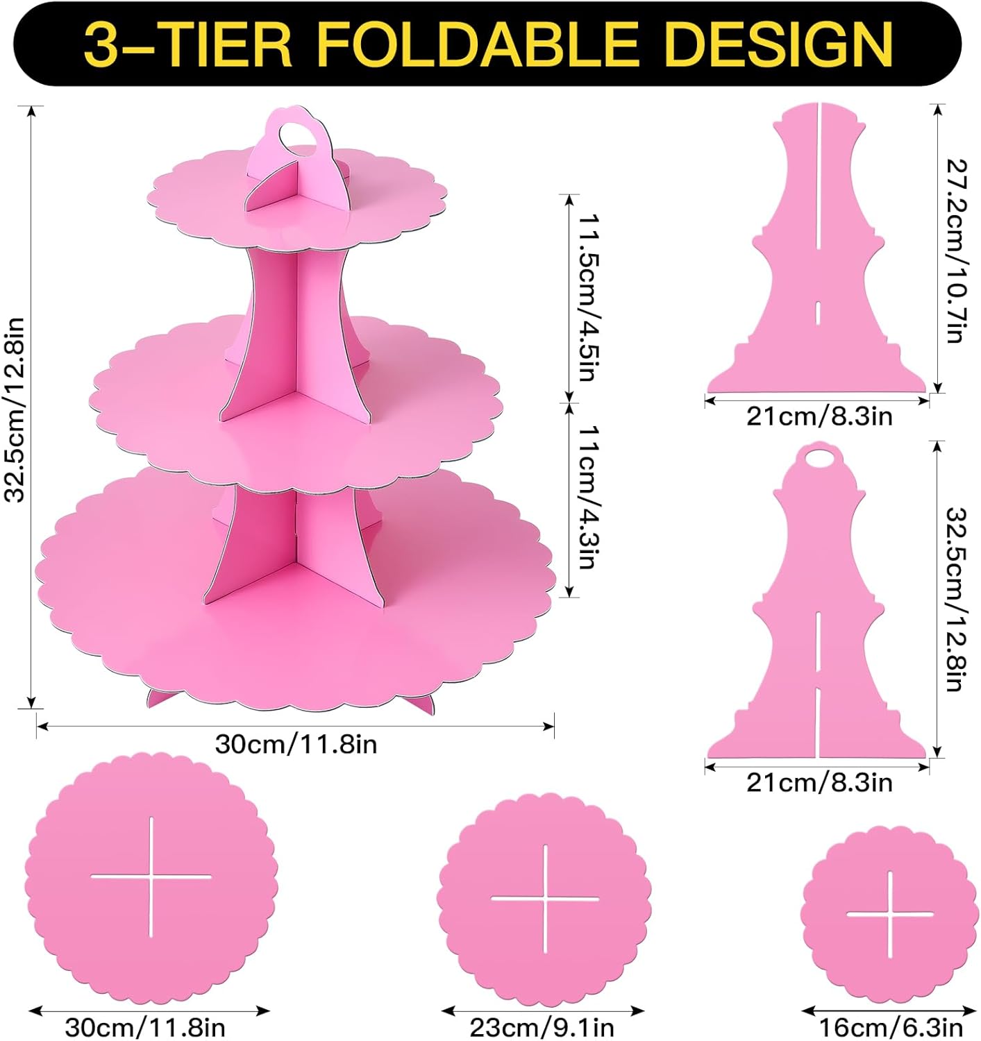 Soleebee 3-Tier Cupcake Stand, Cardboard Cupcake Tower, Dessert Cup Cake Stand Tower for Birthday Wedding Party Decoration, Cupcake Tier Stand 1 Set (Black)