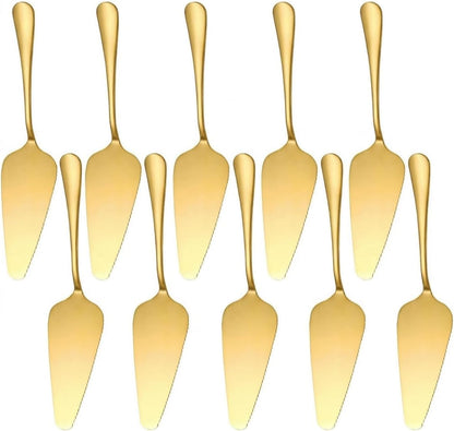 Stainless Steel Cake Server Pack of 10 Pie Holder Transfer Triangular Spade Spatula Serrated Edge for Pizza Cake Baking Safe in Dishwasher (Gold)
