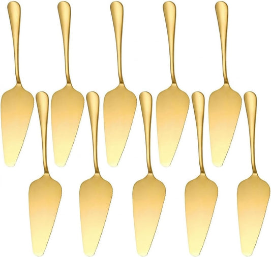 Stainless Steel Cake Server Pack of 10 Pie Holder Transfer Triangular Spade Spatula Serrated Edge for Pizza Cake Baking Safe in Dishwasher (Gold)