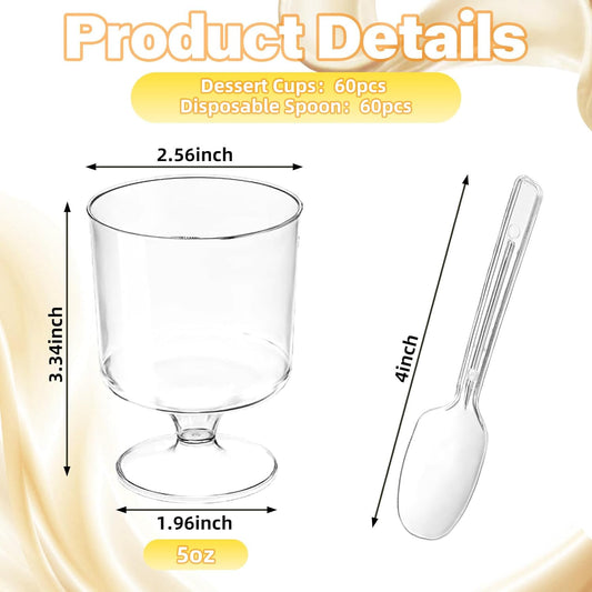 200 Pcs Dessert Cups with Spoons - 5 OZ Mini Clear Plastic Dessert Parfait Cups - Square Shooter Cup Round Goblet for Party Appetizer Fruit Pudding Ice Cream Cake