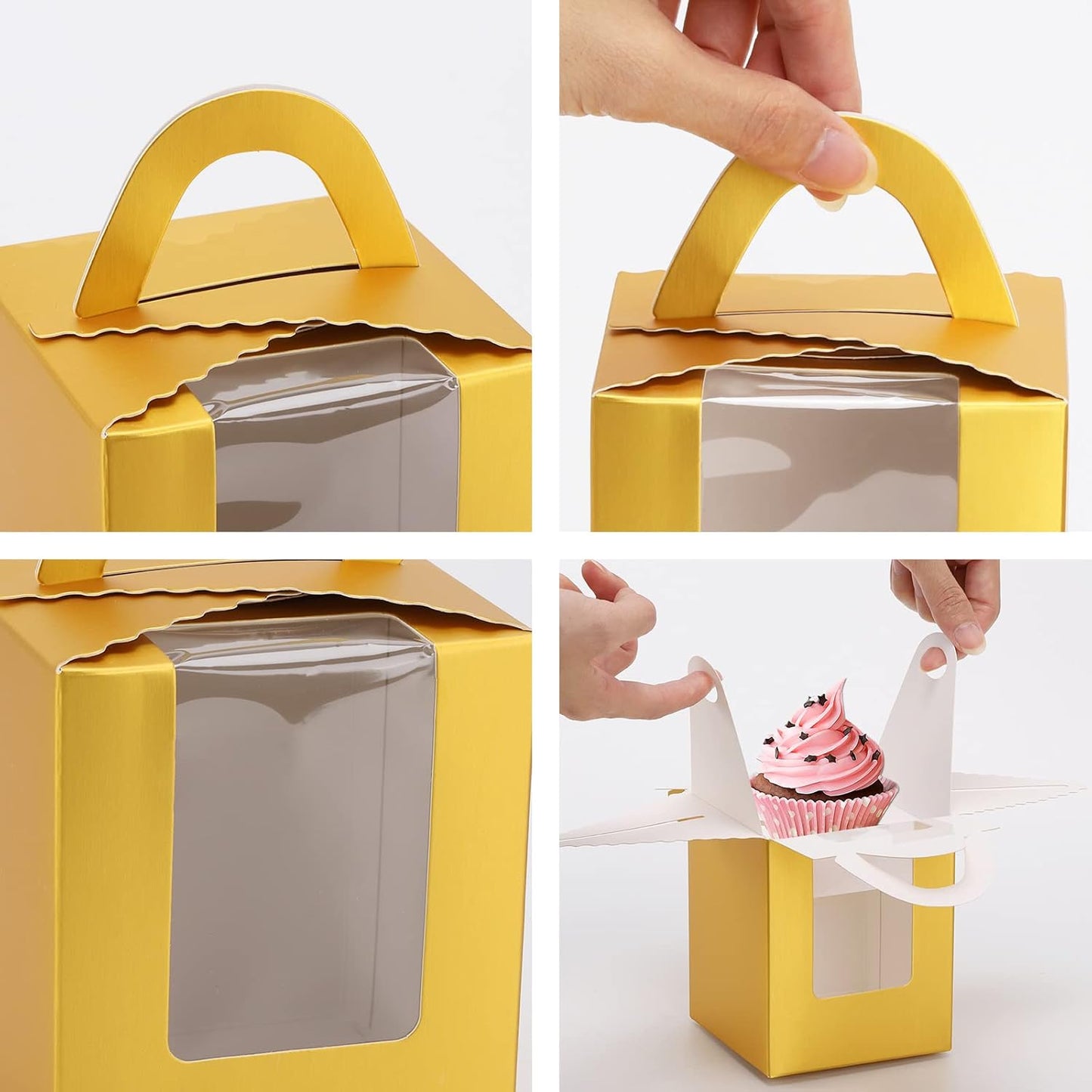 acDesign 100Pcs Cupcake Boxes With Window 3.6in*3.6in*4.3in Single Individual Cupcake Boxes With Handle and Inserts for Wedding Birthday Party Treats Gift,Black