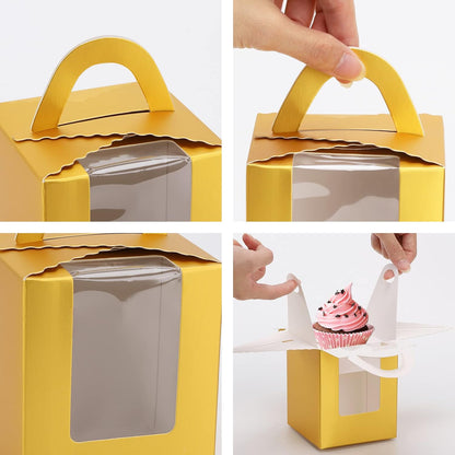 acDesign 100Pcs Cupcake Boxes With Window 3.6in*3.6in*4.3in Single Individual Cupcake Boxes With Handle and Inserts for Wedding Birthday Party Treats Gift,Black