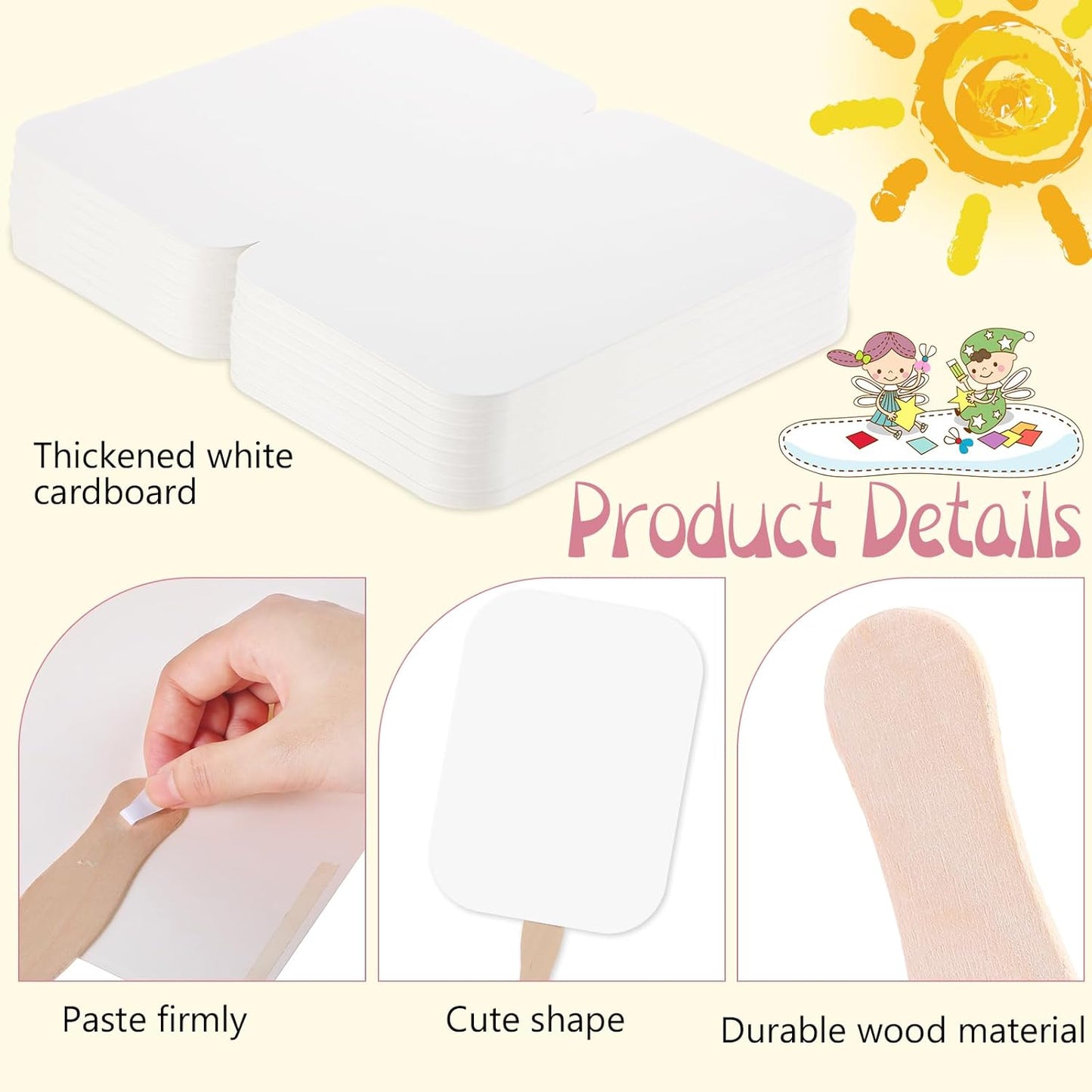 TaoBary 50 Pieces DIY Paper Church Fans Handheld Set Fan Sticks Wooden Handle Craft Sticks Wavy with Blank White Cardstock Tape for Wedding Celebration