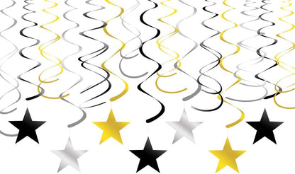 Black, White, and Silver Hanging Swirl Decorations with Star Cutouts, Set of 30