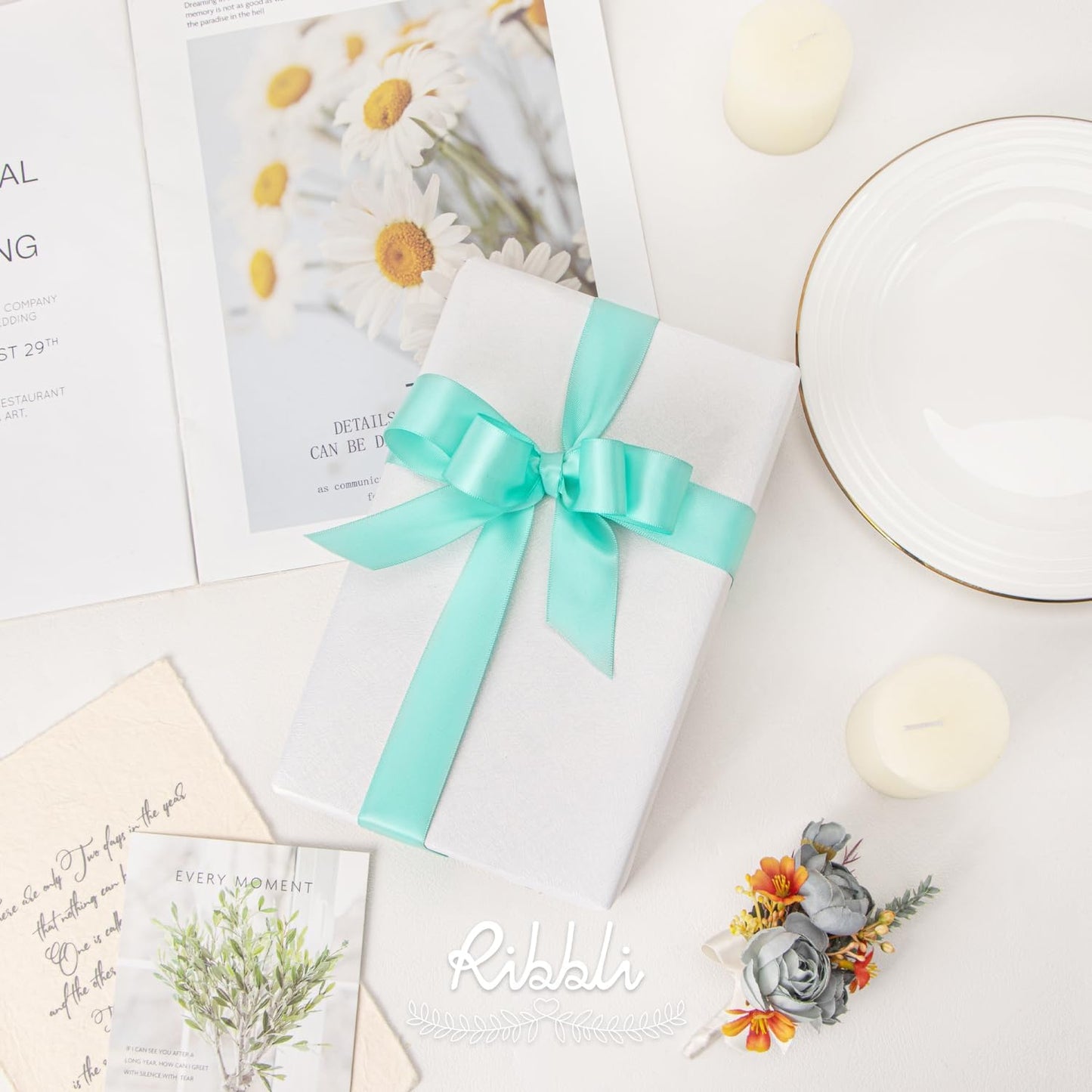 Ribbli Double Faced White Satin Ribbon,3/8” x Continuous 25 Yards,Fabric Ribbon use for Bows Bouquet,Gift Wrapping,Floral Arrangement