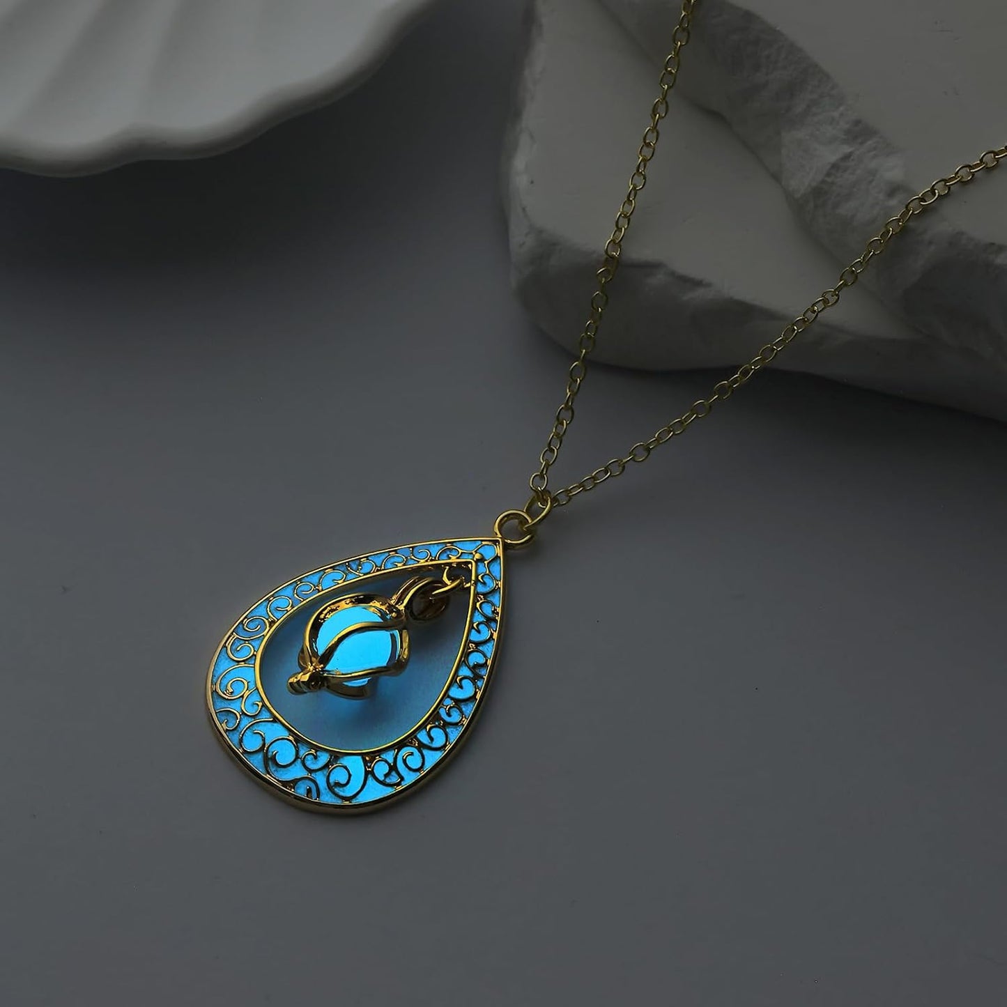 EEQQBZ Glow in The Dark Silver Teardrop shape necklace,Fantasy Glowing Jewelry Charm