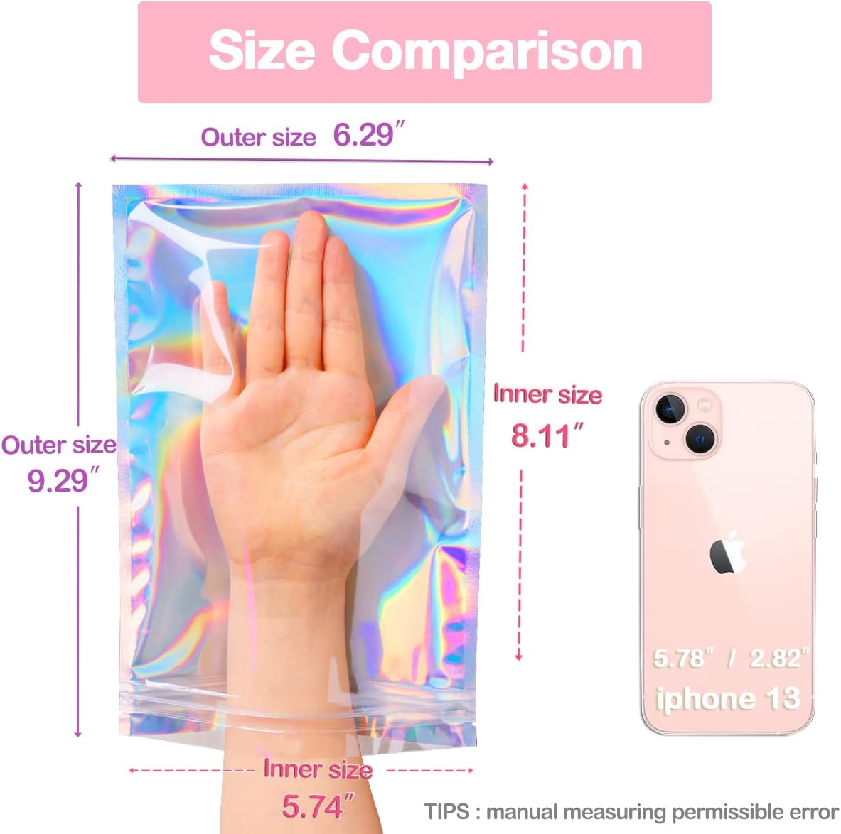 Trunple Smell Proof Bags & Resealable Foil Pouch Mylar Sample Bag Great for Party Favor Food Storage (Holographic Color) (50pcs-6x9 inch)