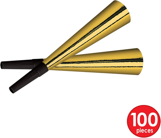 Beistle Gold Foil Horns, 100-Pack Metallic Noisemakers with Black Mouthpieces for New Year’s Eve Countdown Events, Birthdays, Weddings, Anniversaries and Festive Holiday Celebrations, 9"