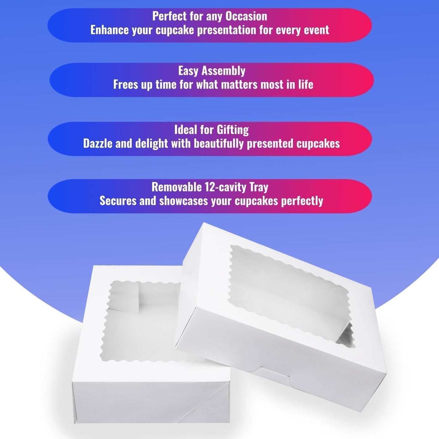 Pre-folded 12 count Cupcake Boxes, 6-Set Cupcake Container with Window Transport Holders Holding 72 pastry Box for Birthday, Holiday, Party Bakery Supplies 12.8" x 9.8" x 3.54" (White-6 Pack)