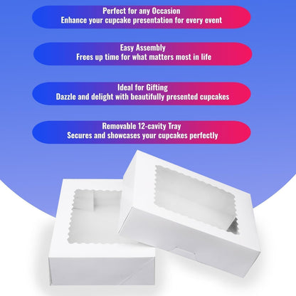 Pre-folded 12 count Cupcake Boxes, 6-Set Cupcake Container with Window Transport Holders Holding 72 pastry Box for Birthday, Holiday, Party Bakery Supplies 12.8" x 9.8" x 3.54" (White-6 Pack)