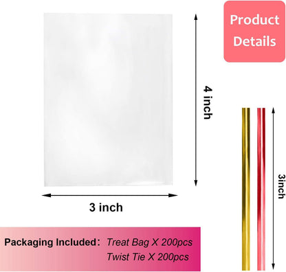 Cello Cellophane Treat Bags,5x7 Inches Clear Cellophane Bags 200 Pcs OPP Plastic Treat Bags with 200 Twist Ties for Gift Wrapping,Packaging Candies,Dessert,Bakery, Cookies, Chocolate,Party Favor
