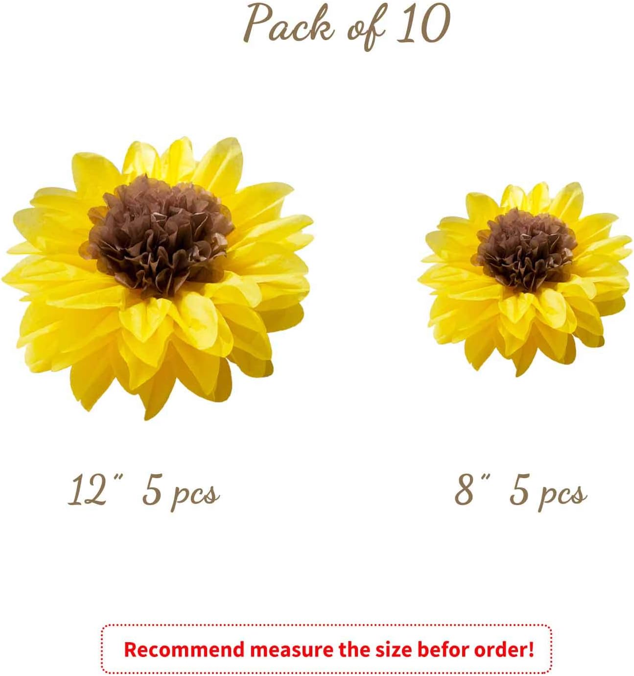 ANSOMO Sunflower Tissue Paper Pom Poms Décor Yellow Flowers Wall Hanging Party Decorations Birthday Bridal Baby Shower Wedding Classroom 12" 8" Pack of 10