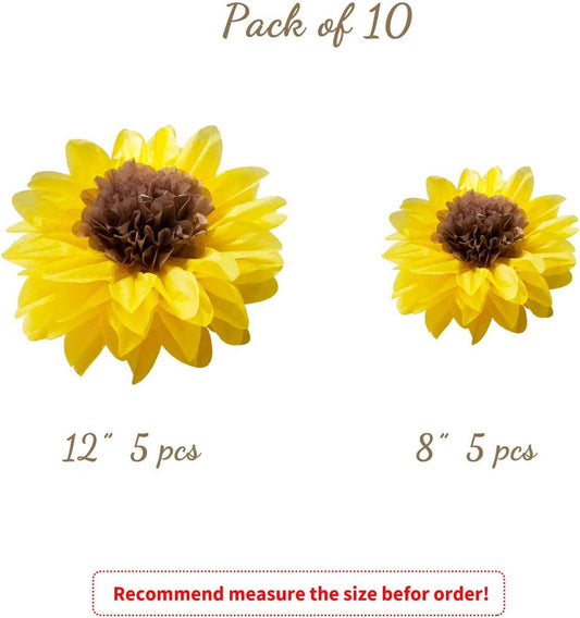ANSOMO Sunflower Tissue Paper Pom Poms Décor Yellow Flowers Wall Hanging Party Decorations Birthday Bridal Baby Shower Wedding Classroom 12" 8" Pack of 10