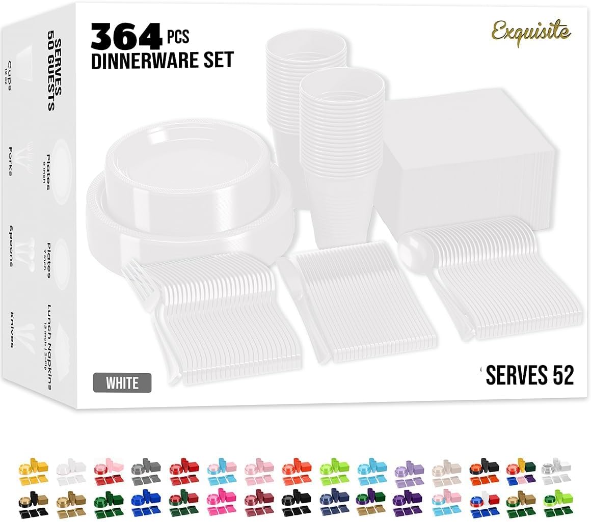 350 Pcs Black Plastic Plates For Party, Black Disposable Plates Set, 50 Of Each 9" Dinner Plate Set, 7" Dessert Plate, Cups, Napkins & Cutlery Plastic Dinnerware Set Exquisite