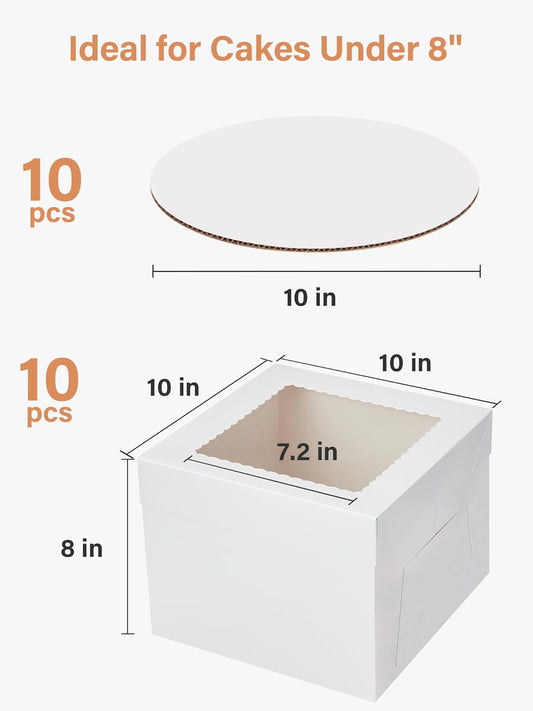 Kootek 10 Sets Cake Boxes with Cake Boards, 10x10x8 Inch White Tall Cardboard Containers for Multi-Layer Desserts, Perfect for Decorating, Mother's Day & Bakery Use