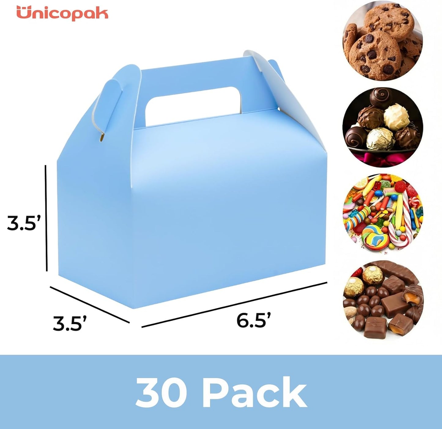 UnicoPak 30 Pack Party Favor Boxes Treat Boxes, White Gable Gift Boxes for Party Favors Goodies Cookies Treats Candies Meals Lunch, 6.5x3.5x3.5 Inches