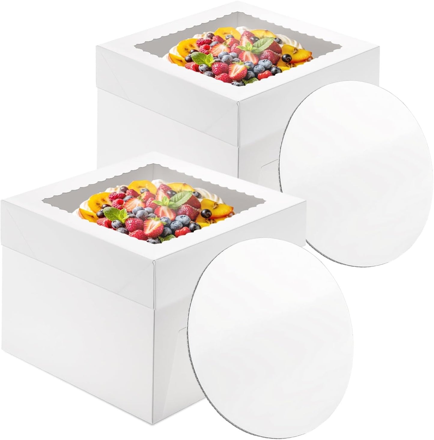 Cake Boxes with Window and Cake Boards, 8 x 8 x 8 Inches, 3 Pack, Disposable Bakery Containers for Wedding, Birthday, Party (8 inch)
